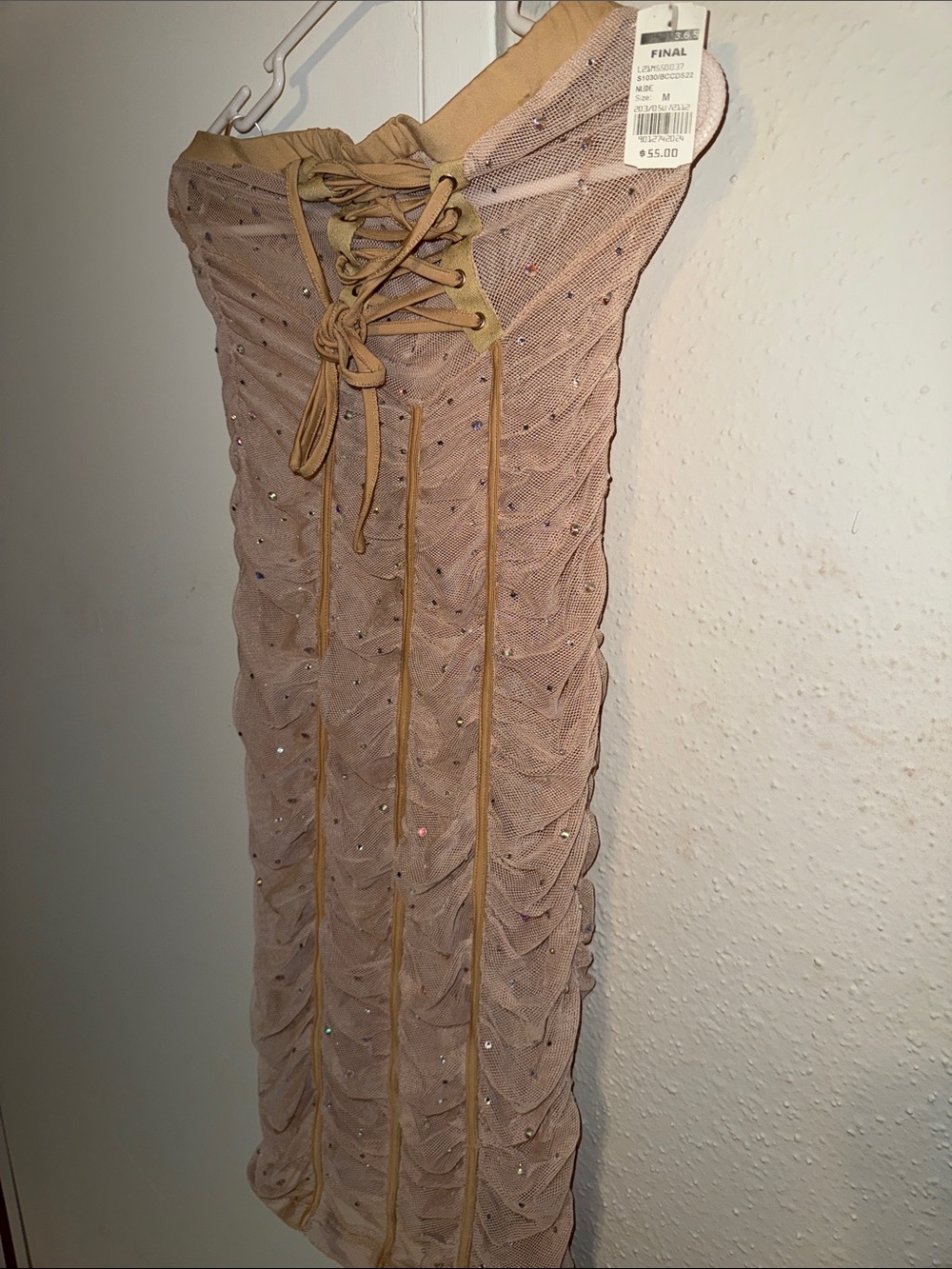 Ina Strapless Beige Mesh Ruched Dress with Rhinestones